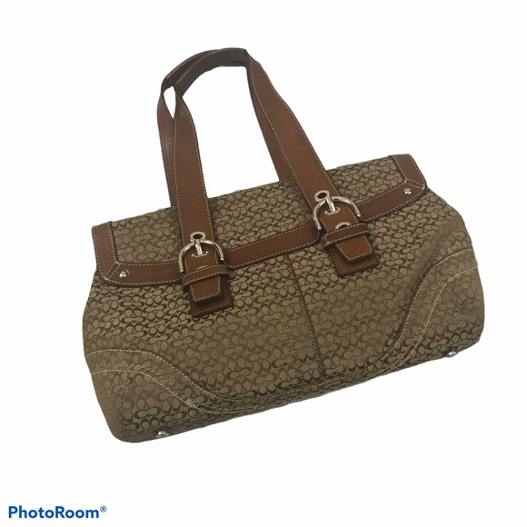 Coach Handbags - Coach Women's Purse Brown Fabric Cloth Satchel Leather Handles Trim